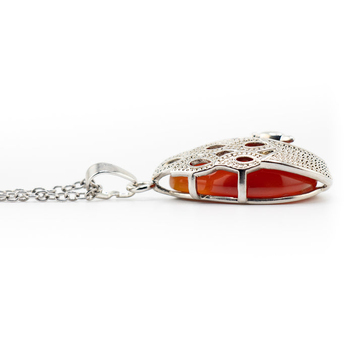 Collar de lágrima artesanal: piedra preciosa de cornalina natural con motivo de pavo real