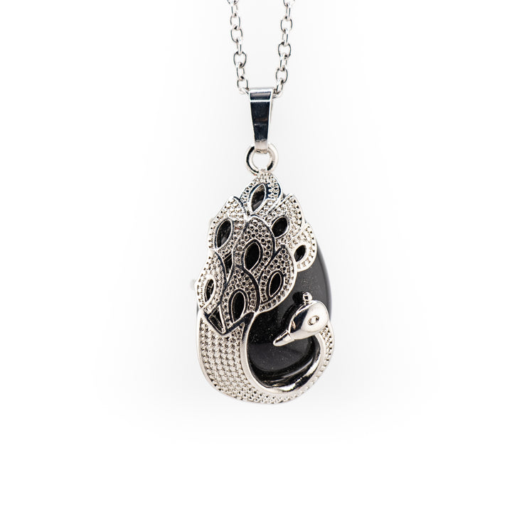 Pendentif en agate noire en forme de larme, fabriqué à la main, inspiré du paon