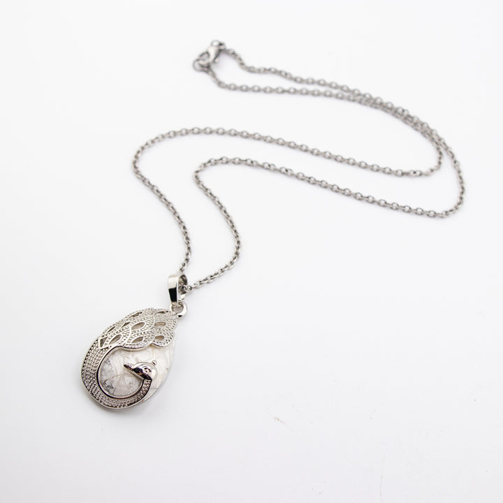 Handcrafted Natural Teardrop Howlite Gemstone Pendant - Graceful Peacock Inspired Necklace