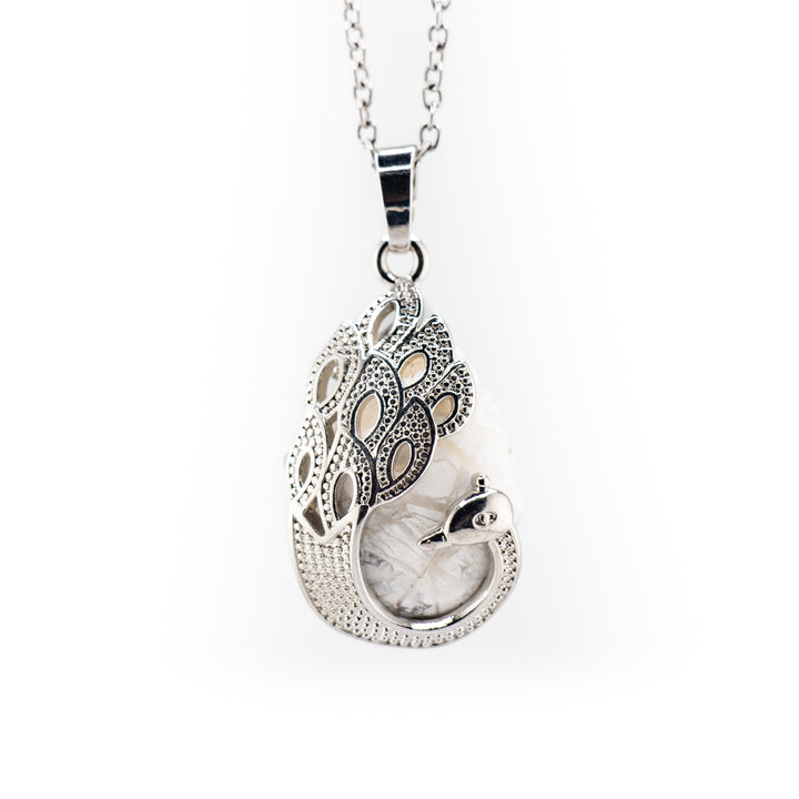 Handcrafted Natural Teardrop Howlite Gemstone Pendant - Graceful Peacock Inspired Necklace