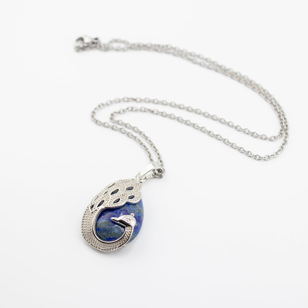 Handcrafted Natural Lapis Lazuli Teardrop Pendant - Peacock Feather Gemstone Necklace