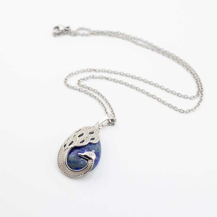 Handcrafted Natural Lapis Lazuli Teardrop Pendant - Peacock Feather Gemstone Necklace