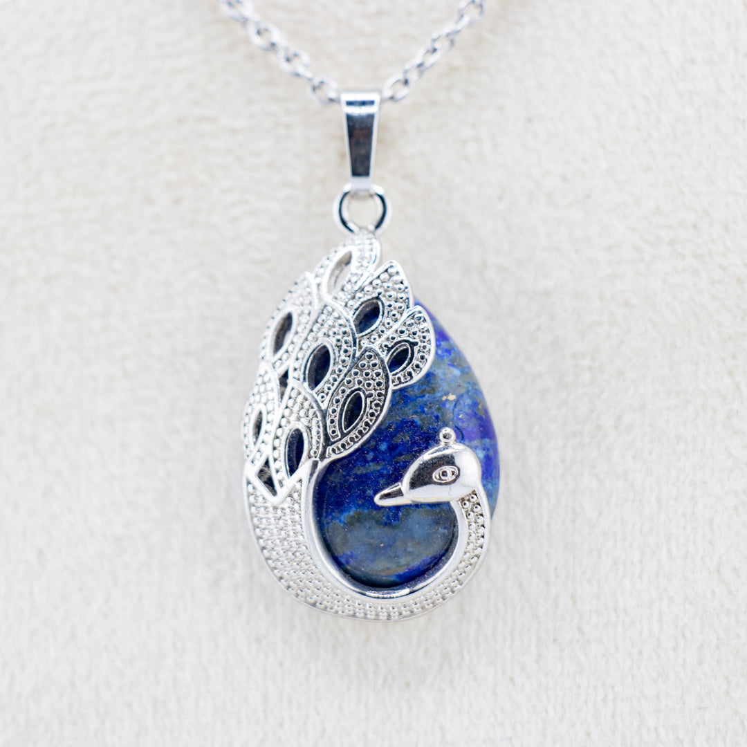 Handcrafted Natural Lapis Lazuli Teardrop Pendant - Peacock Feather Gemstone Necklace