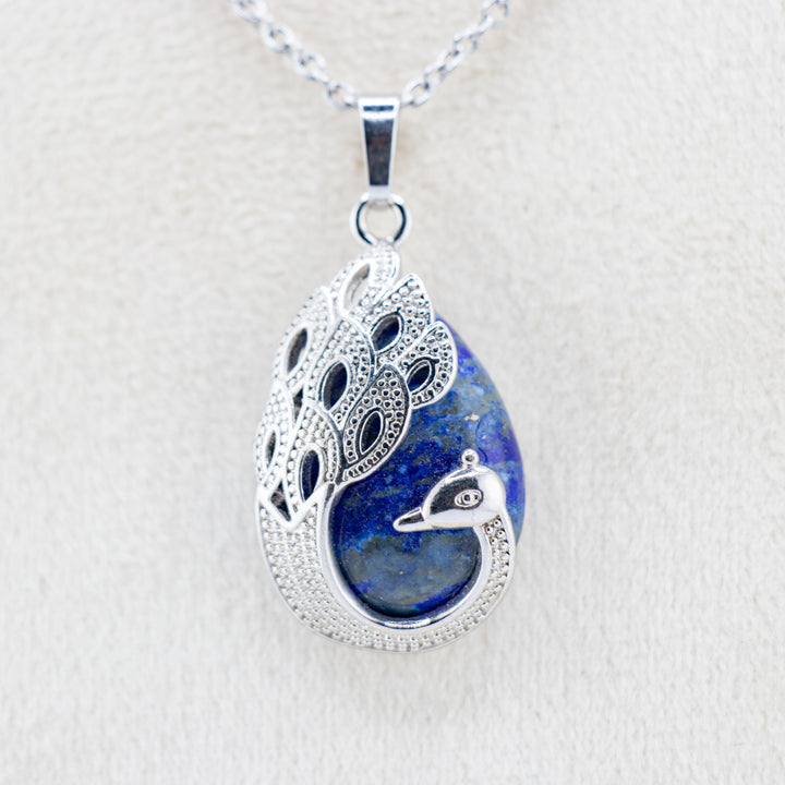 Handcrafted Natural Lapis Lazuli Teardrop Pendant - Peacock Feather Gemstone Necklace