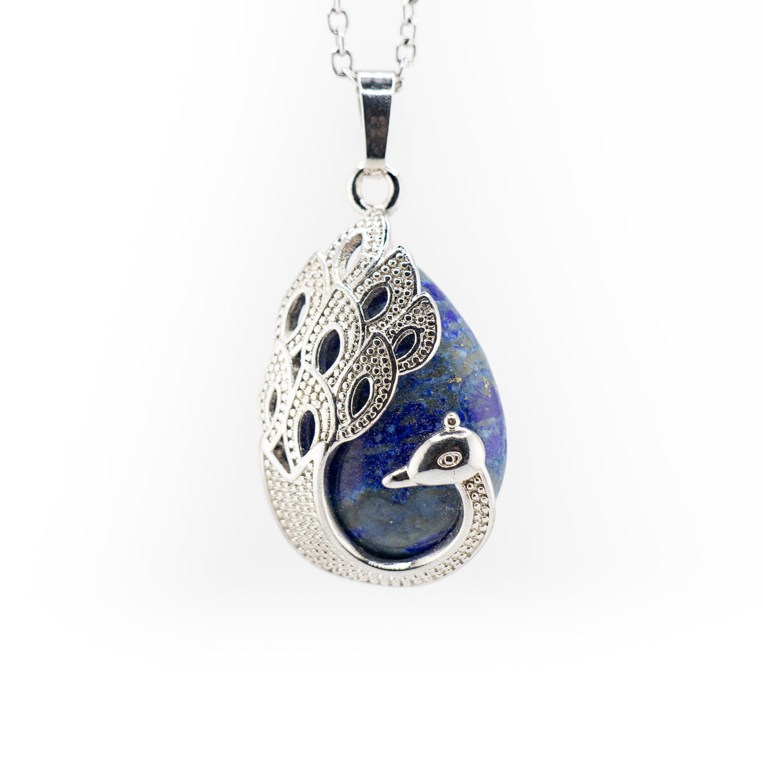 Handcrafted Natural Lapis Lazuli Teardrop Pendant - Peacock Feather Gemstone Necklace