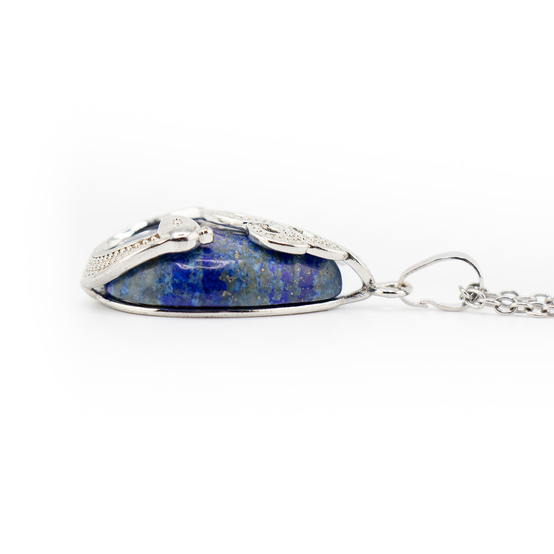 Handcrafted Natural Lapis Lazuli Teardrop Pendant - Peacock Feather Gemstone Necklace