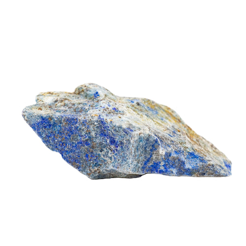 A rough crystal of Lapis Lazuli with a rich blue color and golden pyrite flecks, isolated on a white background.