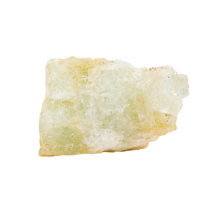 A rough aquamarine crystal with shades of blue and green, translucent appearance, on a white background.