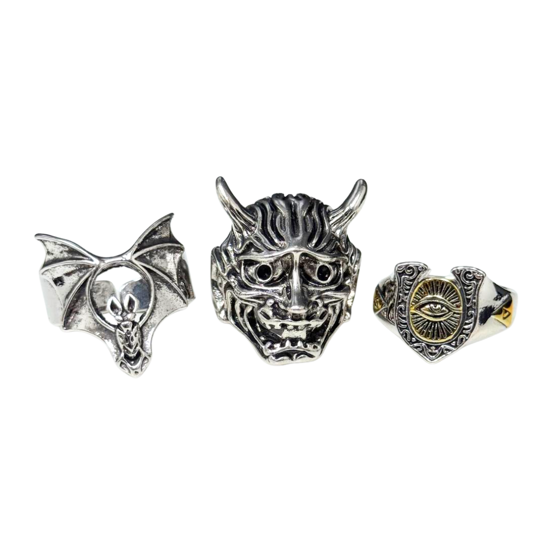 Spooky Silver Ring Set – Bat, Oni Mask & All-Seeing Eye (3-Pack)