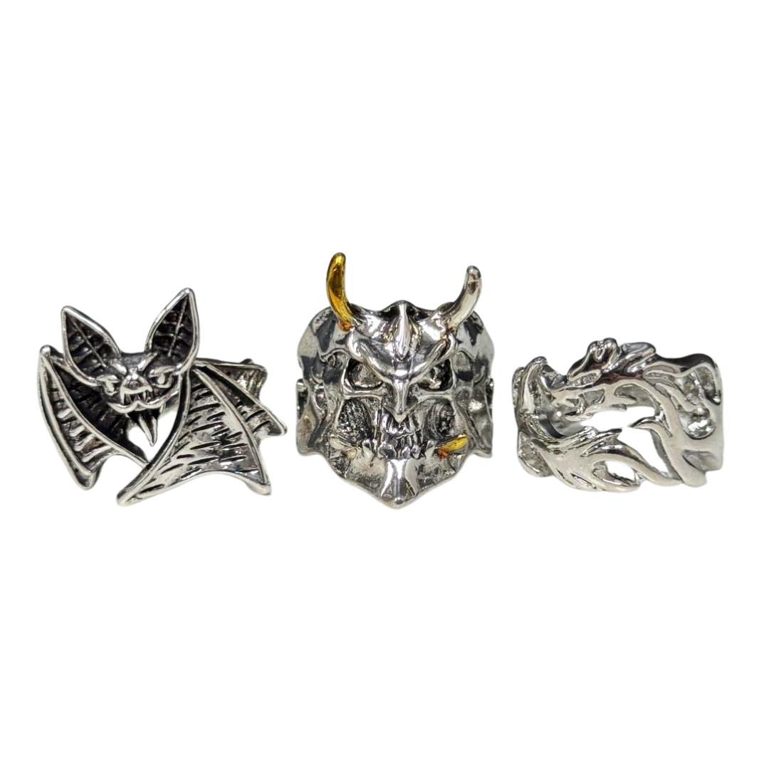 Dark Legends Ring Set – Bat, Demon Skull, & Flame Band (3-Pack)