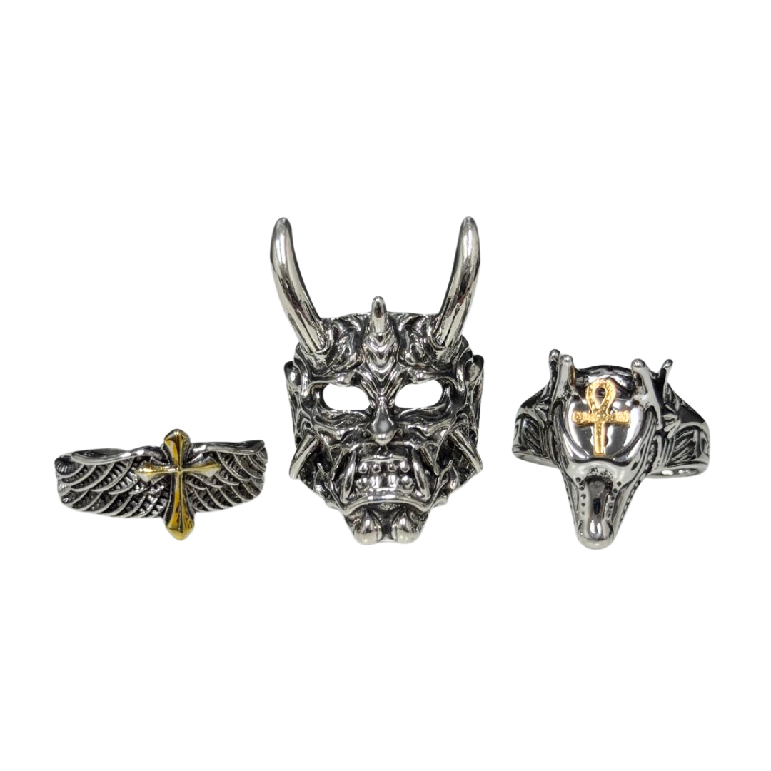 Infernal Trinity Ring Set – Demon Mask, Crossed Wings, & Anubis (3-Pack)