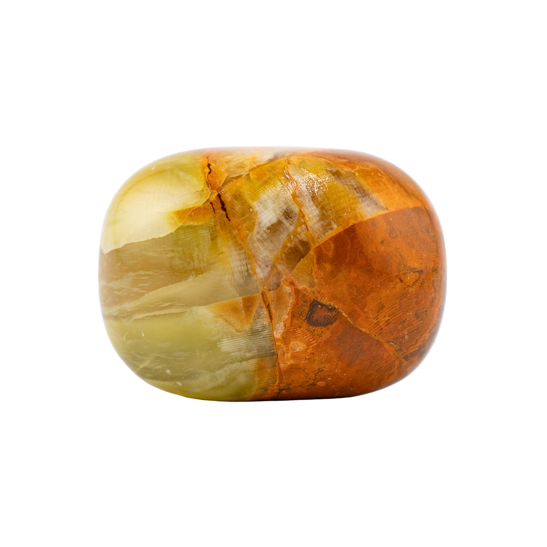 Piedra pulida de ónix con bandas verdes naturales: cristal pulido para una energía positiva y una decoración elegante.