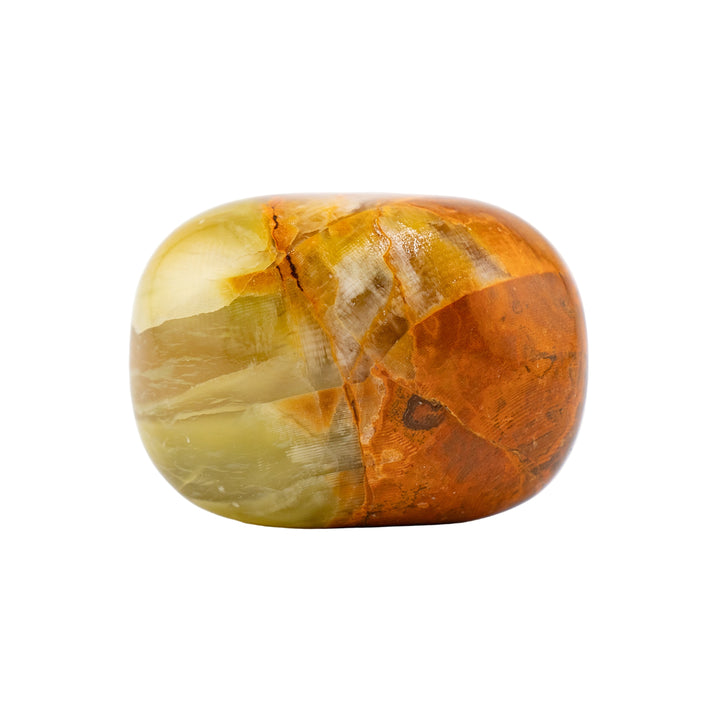Piedra pulida de ónix con bandas verdes naturales: cristal pulido para una energía positiva y una decoración elegante.