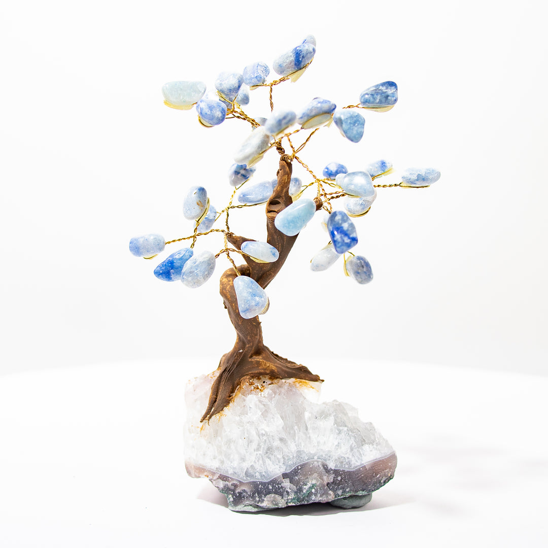 Arbre en cristal d'aventurine bleue avec base en améthyste – 5 pouces