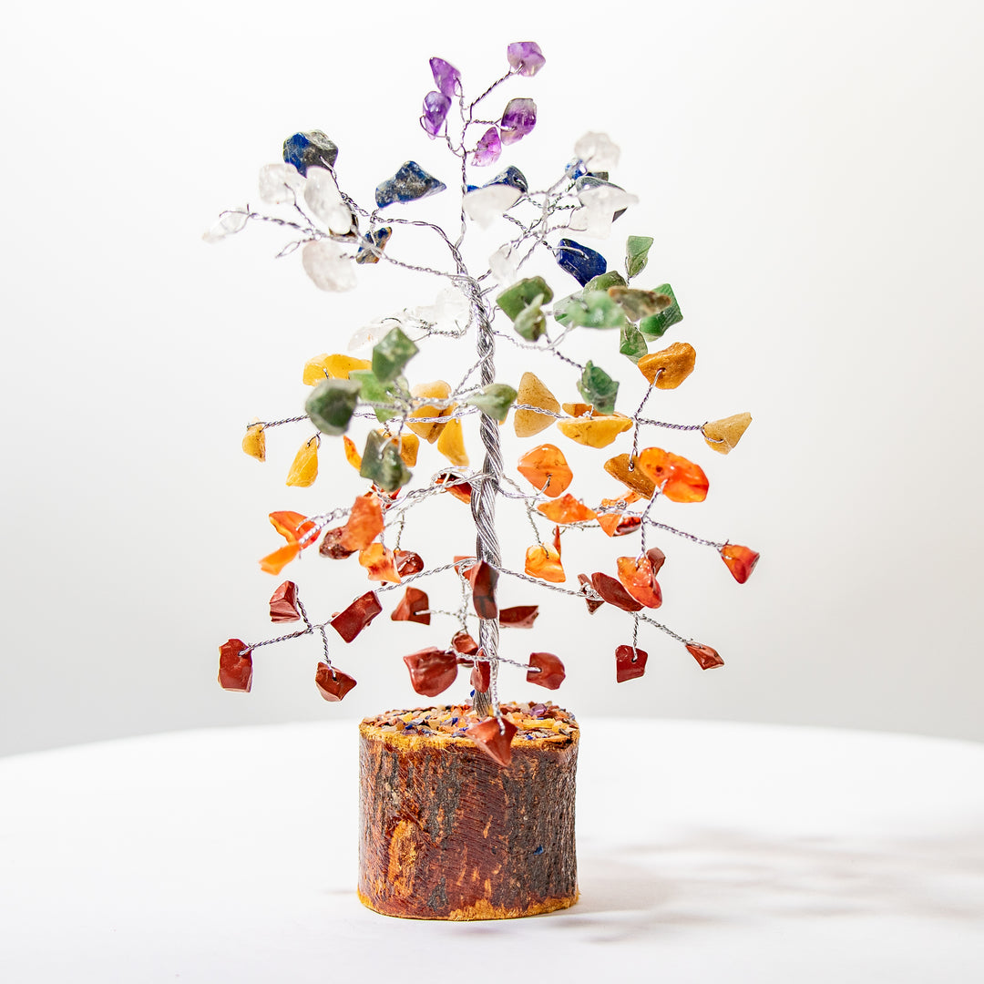 Arbre de cristal des 7 chakras avec base en bois naturel - 7"