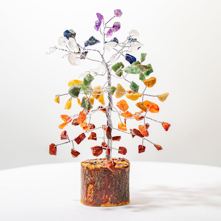 Arbre de cristal des 7 chakras avec base en bois naturel - 7"