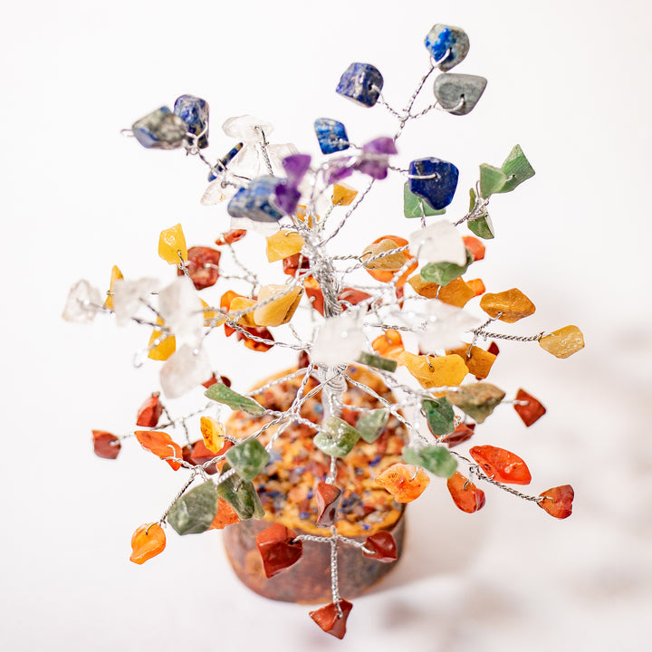 Arbre de cristal des 7 chakras avec base en bois naturel - 7"