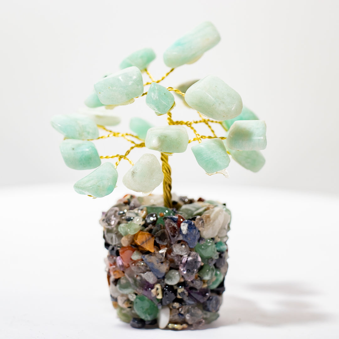 Arbre en pierres précieuses d'amazonite avec base en pierre naturelle – 3 à 4 pouces