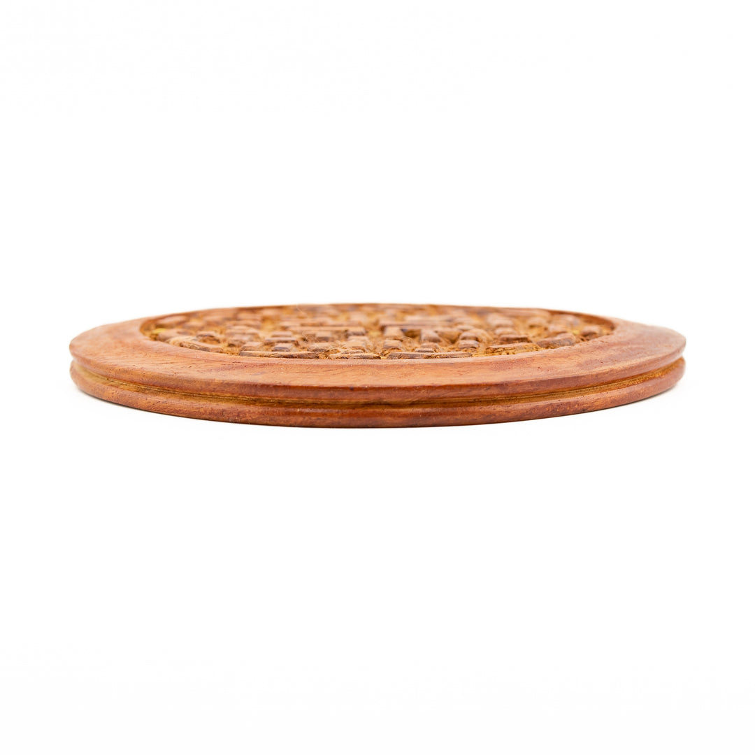 Hand-Carved Wooden Incense Holder – Round Ash Catcher Disk with Tribal Motif Design