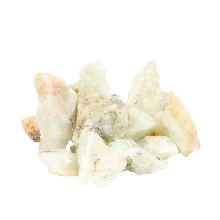 A collection of rough aquamarine crystals with varying shades of blue and green, displaying a rough texture on a white background.