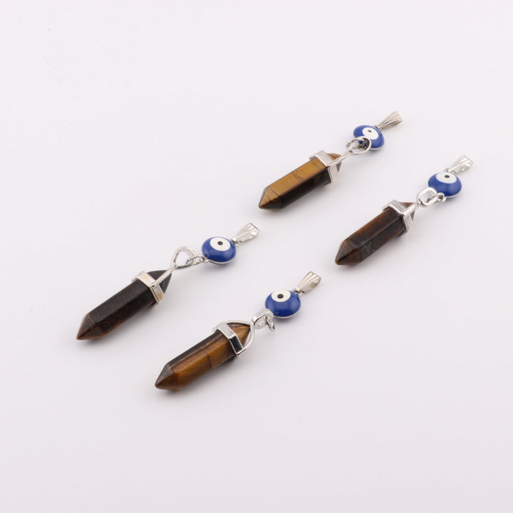 Tiger Eye Point Pendant Necklace with Evil Eye Charm – Handcrafted Crystal Jewelry