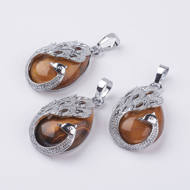 Colgante de lágrima de ojo de tigre natural hecho a mano - Collar con piedras preciosas y motivo de pavo real