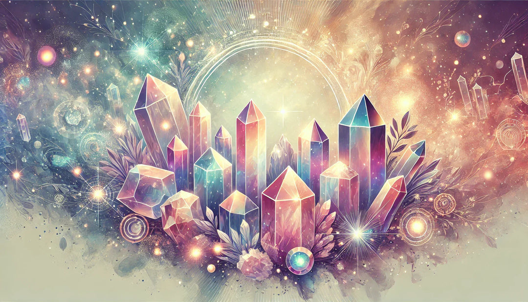 An elegant digital illustration featuring a collection of glowing crystals in various shapes and colors. The background has a soft, ethereal blend of light and cosmic energy, creating a mystical and magical atmosphere.