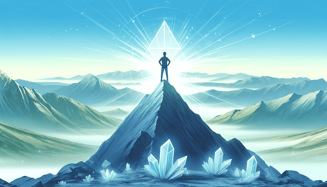 Silhouetted figure standing atop a crystal-covered mountain peak, illuminated by a glowing geometric symbol, with a serene mountain landscape in the background.
