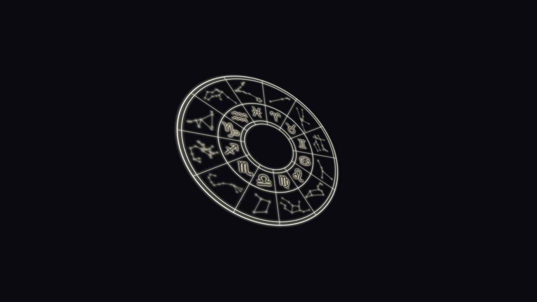 Glowing zodiac wheel with astrological symbols arranged in a circular star map on a dark cosmic background