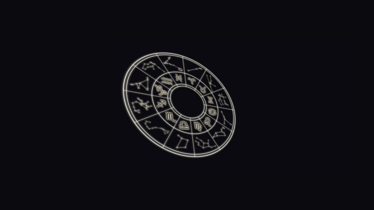 Glowing zodiac wheel with astrological symbols arranged in a circular star map on a dark cosmic background