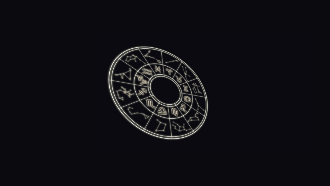 Glowing zodiac wheel with astrological symbols arranged in a circular star map on a dark cosmic background