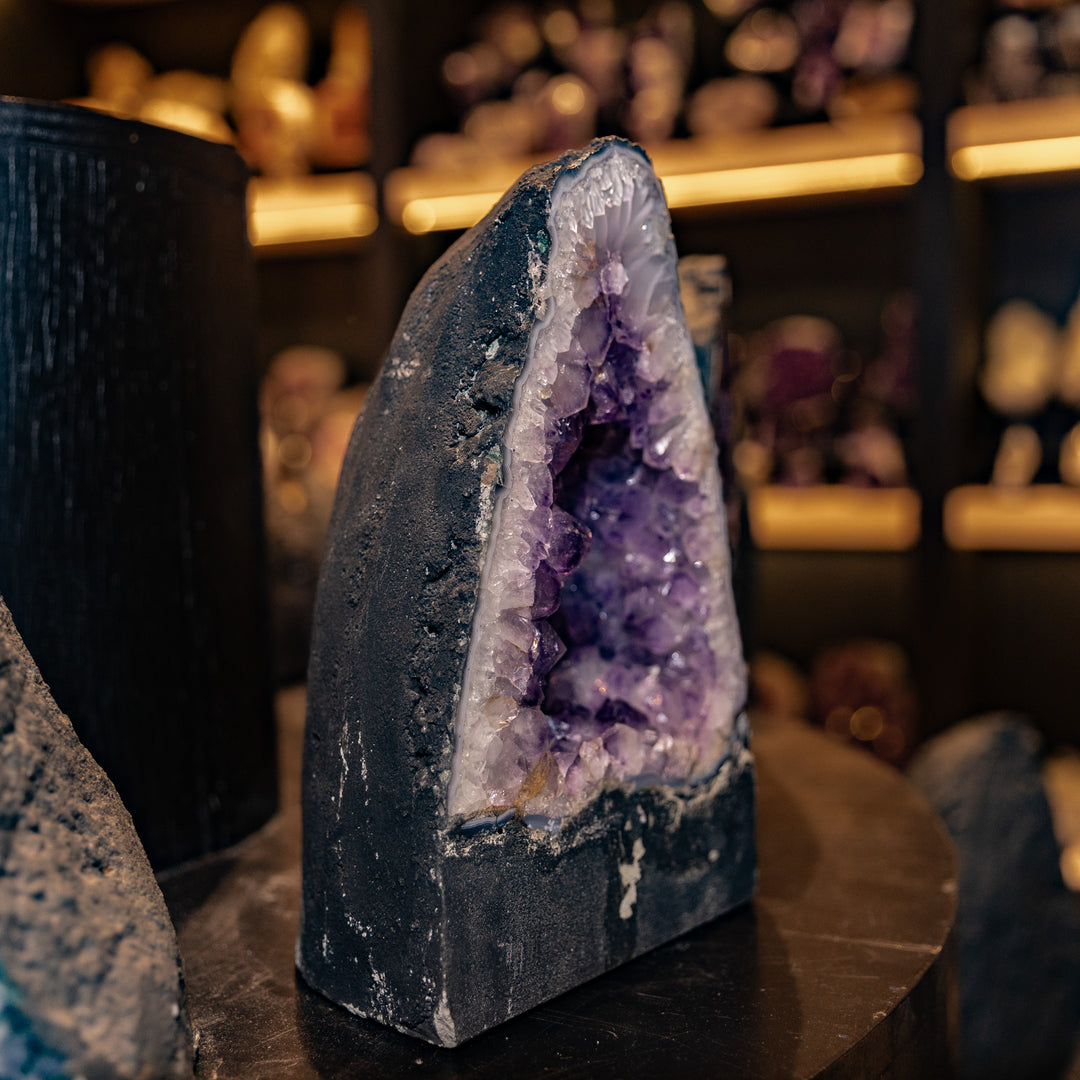 Deep Purple Amethyst Geode – 7.4kg - Wide Cave Arch with Natural Moss Agate Basal Inclusion