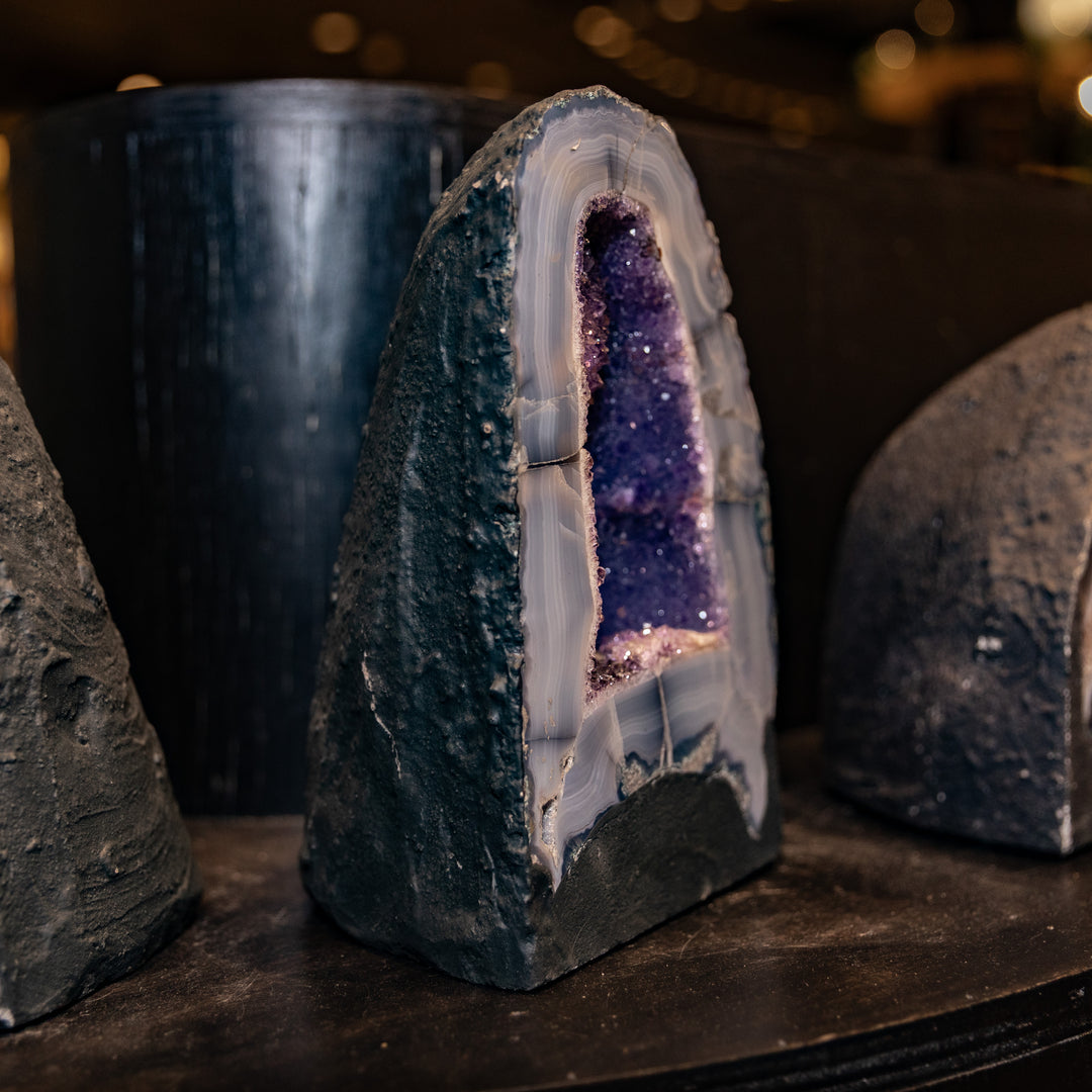 Purple Amethyst Geode Cathedral 6.9kg – Natural Agate Banded Crystal Cave with Polished Face