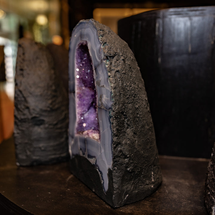 Purple Amethyst Geode Cathedral 6.9kg – Natural Agate Banded Crystal Cave with Polished Face