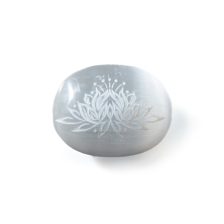 Natural Selenite Lotus Flower Engraved Palm Stone Crystal - Polished Healing Crystal, Oval Therapy Gemstone