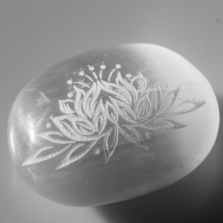 Natural Selenite Lotus Flower Engraved Palm Stone Crystal - Polished Healing Crystal, Oval Therapy Gemstone