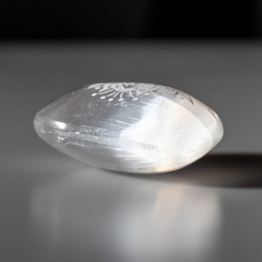 Natural Selenite Lotus Flower Engraved Palm Stone Crystal - Polished Healing Crystal, Oval Therapy Gemstone