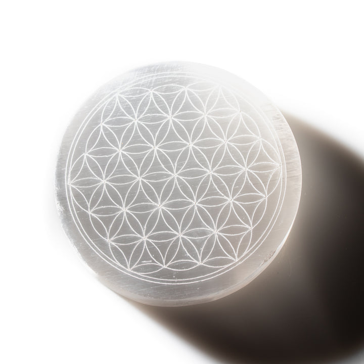 Natural Selenite Engraved Round Charging Plate - 3 Inches Selenite Crystal - Cleansing & Recharging Healing Stone