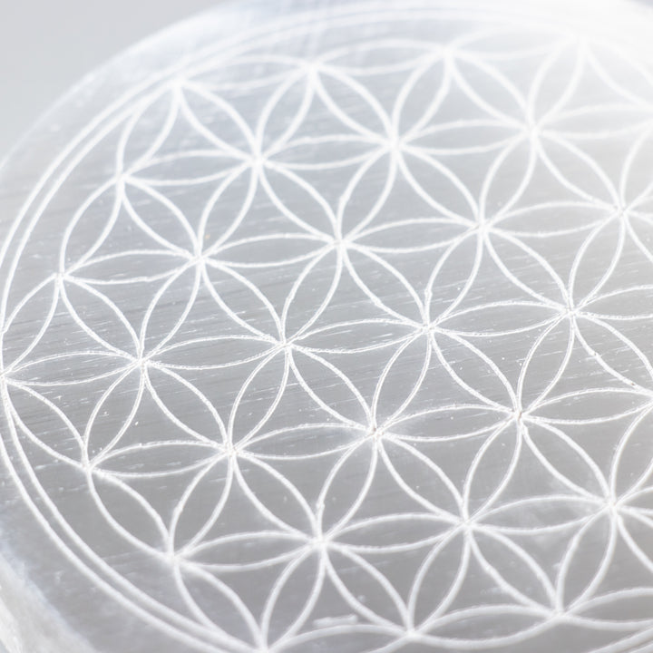 Natural Selenite Engraved Round Charging Plate - 3 Inches Selenite Crystal - Cleansing & Recharging Healing Stone