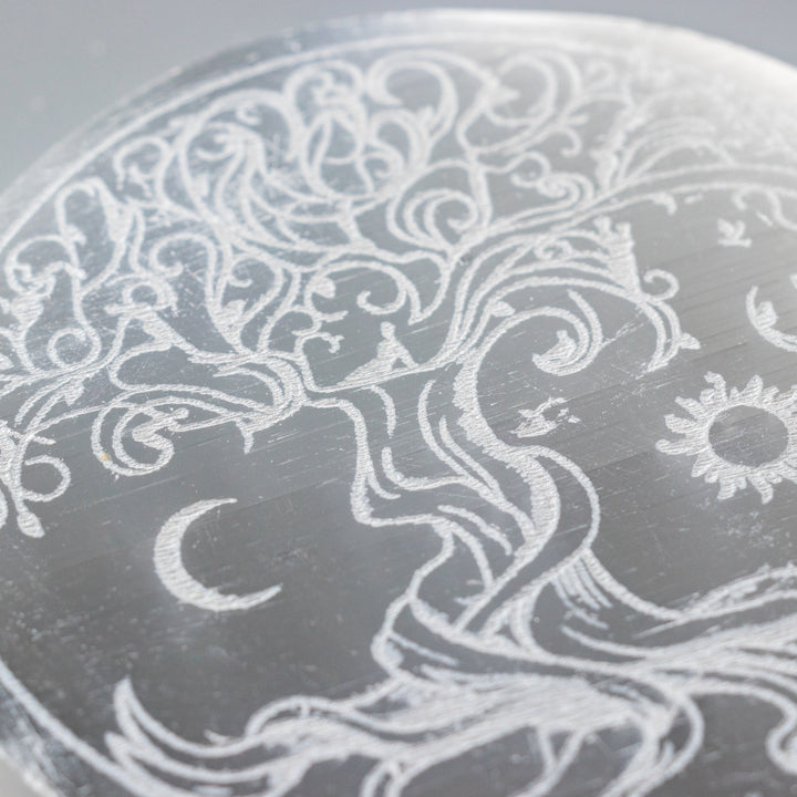 Plaque de charge ronde gravée en sélénite naturelle, arbre de vie, 7,6 cm, cristal de sélénite, pierre de guérison purifiante et rechargée
