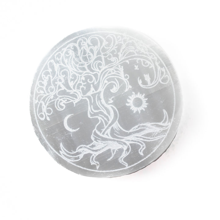 Plaque de charge ronde gravée en sélénite naturelle, arbre de vie, 7,6 cm, cristal de sélénite, pierre de guérison purifiante et rechargée