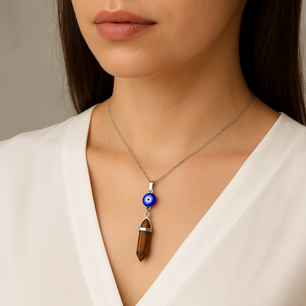 Tiger Eye Point Pendant Necklace with Evil Eye Charm – Handcrafted Crystal Jewelry