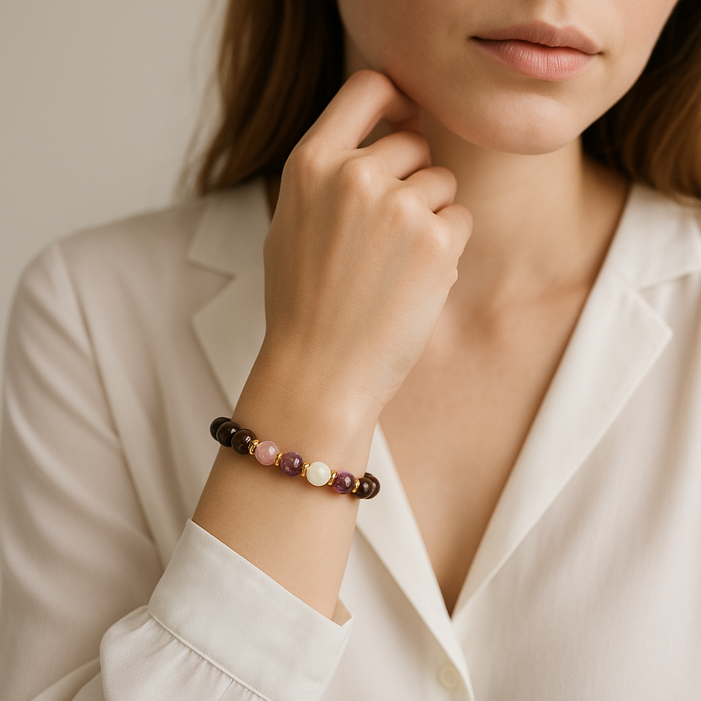 Close-up photography of a woman in a white blouse showcasing a multi-gemstone beaded bracelet featuring dark brown, pink, purple, and cream stones with gold spacers on her wrist her hand gently resting near her chin