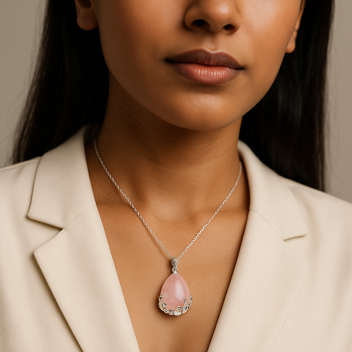 Pendentif en forme de larme en quartz rose naturel fabriqué à la main - Collier en pierres précieuses attirant l'amour