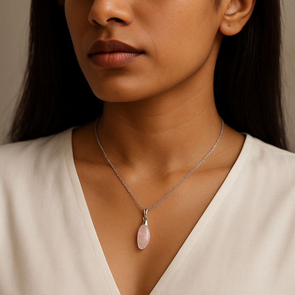 Collier avec pendentif en quartz rose naturel fabriqué à la main