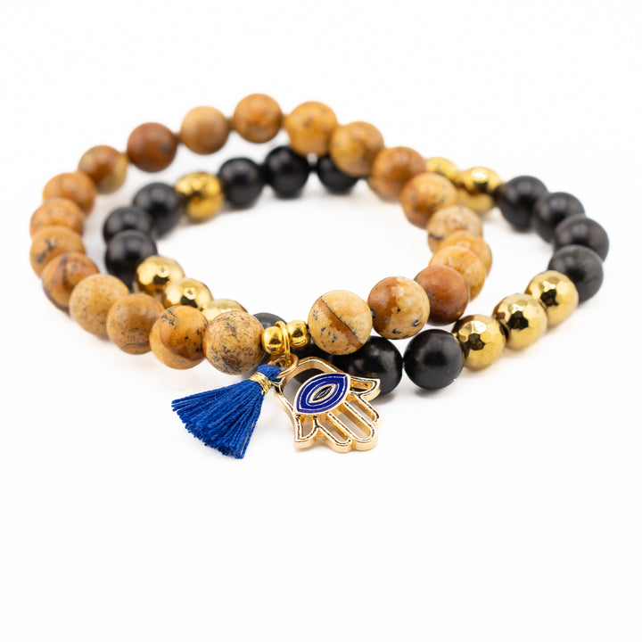 Picture Jasper & Black Bead Protection Bracelet Set – Hamsa Evil Eye Charm for Strength & Grounding