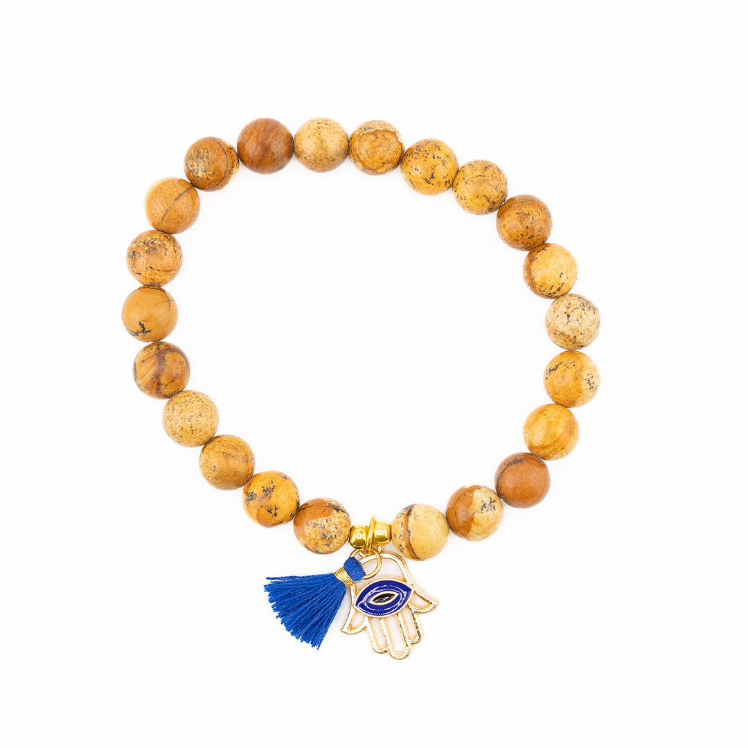 Picture Jasper & Black Bead Protection Bracelet Set – Hamsa Evil Eye Charm for Strength & Grounding