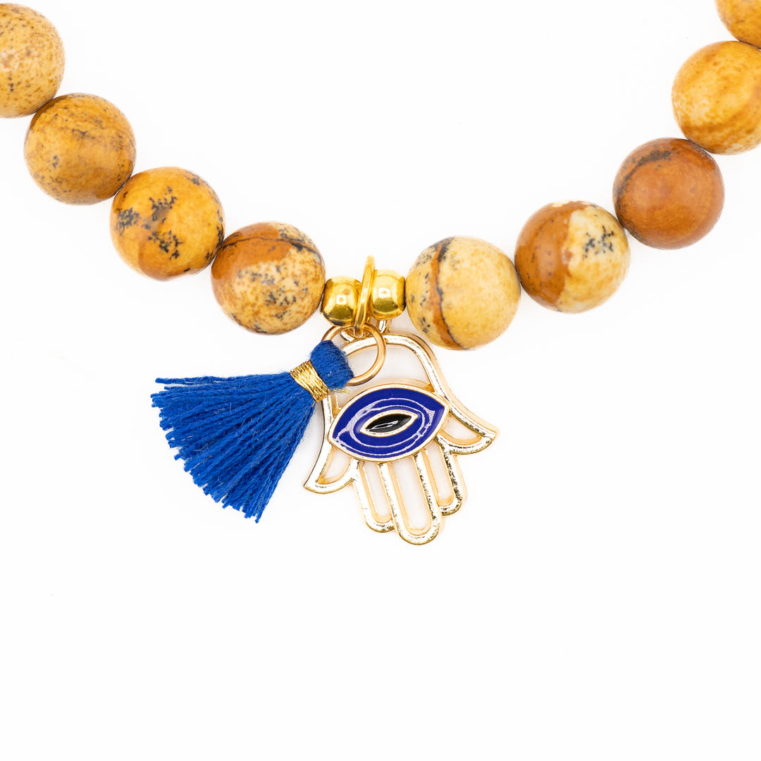 Picture Jasper & Black Bead Protection Bracelet Set – Hamsa Evil Eye Charm for Strength & Grounding