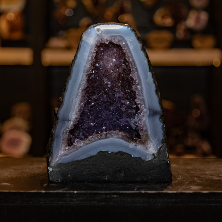 Brazilian Amethyst Cathedral with Thick Blue Agate "Halo" | 7.0kg Triangular Geode Specimen | Deep Purple Crystal Cave Decor