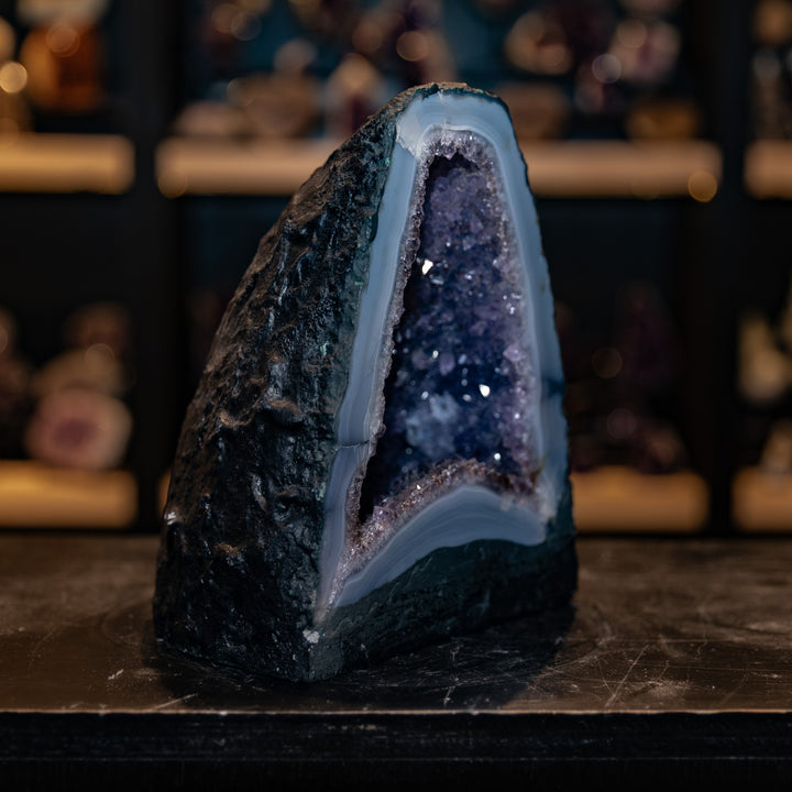 Brazilian Amethyst Cathedral with Thick Blue Agate "Halo" | 7.0kg Triangular Geode Specimen | Deep Purple Crystal Cave Decor